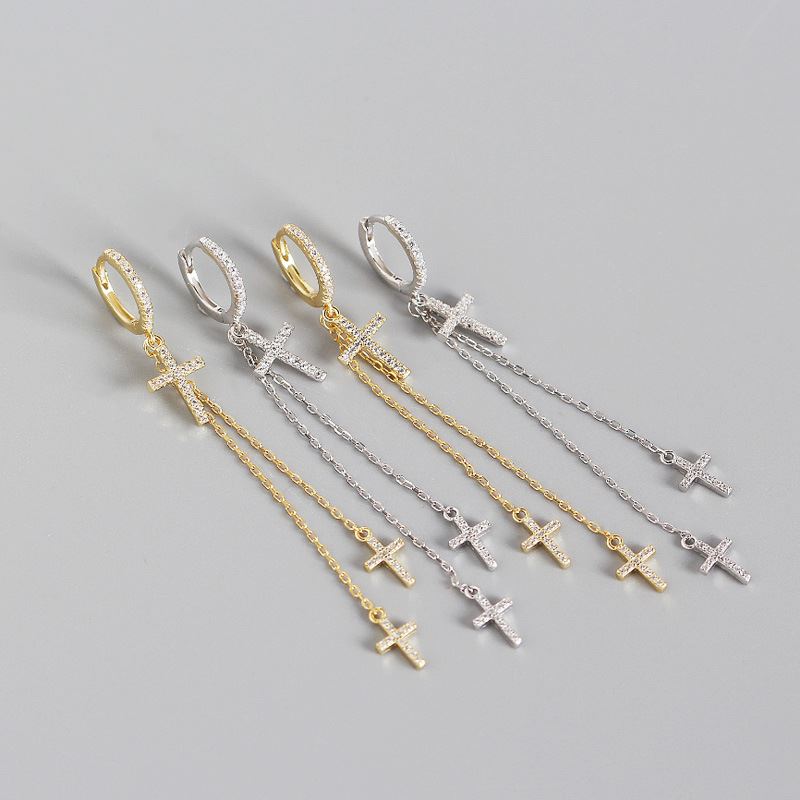 Lovcia Gold Tone 43mm Cross Tassel Hoop Earrings 925-Earrings-Yellow Gold-Yellow Gold