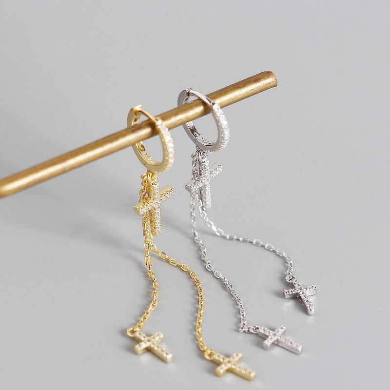 Lovcia Gold Tone 43mm Cross Tassel Hoop Earrings 925-Earrings-Yellow Gold-Yellow Gold
