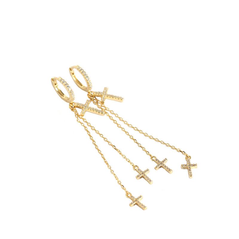 Lovcia Gold Tone 43mm Cross Tassel Hoop Earrings 925-Earrings-Yellow Gold-Yellow Gold