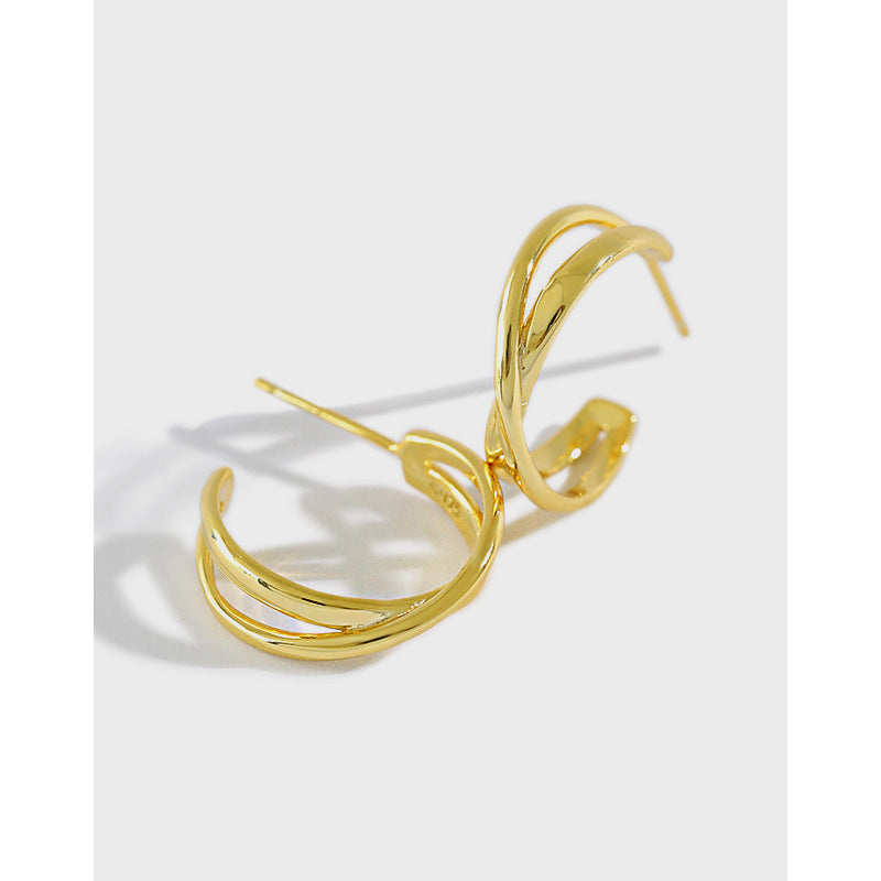 Lovcia Gold Tone 925 Hoop Earrings Double Layer Cross-Earrings-Yellow Gold-Yellow Gold