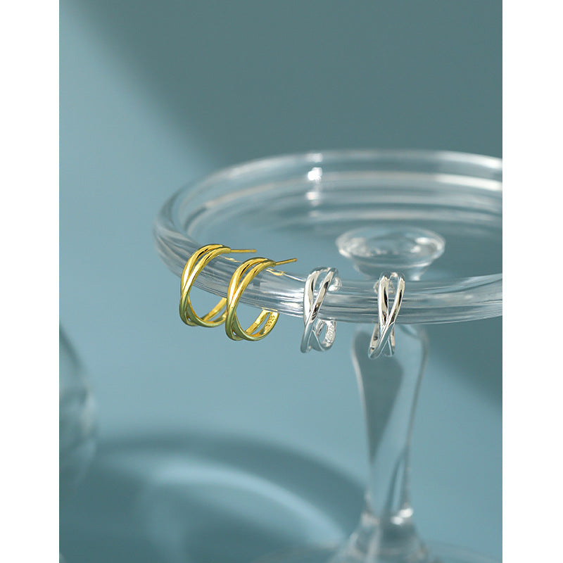 Lovcia Gold Tone 925 Hoop Earrings Double Layer Cross-Earrings-Yellow Gold-Yellow Gold
