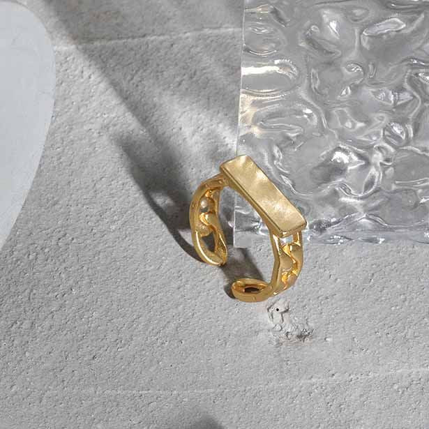 Lovcia Gold Tone 925 Ring Adjustable Rectangle Chain-Rings-Yellow Gold-Yellow Gold