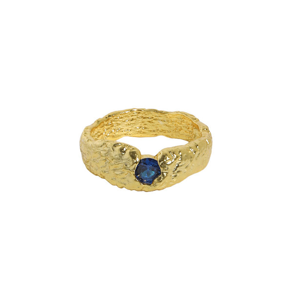 Lovcia Gold Tone 925 Ring With Blue CZ Irregular Band Size7-Rings-Yellow Gold-US 7-Yellow Gold