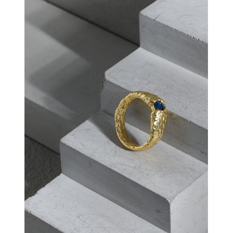 Lovcia Gold Tone 925 Ring With Blue CZ Irregular Band Size7-Rings-Yellow Gold-US 7-Yellow Gold