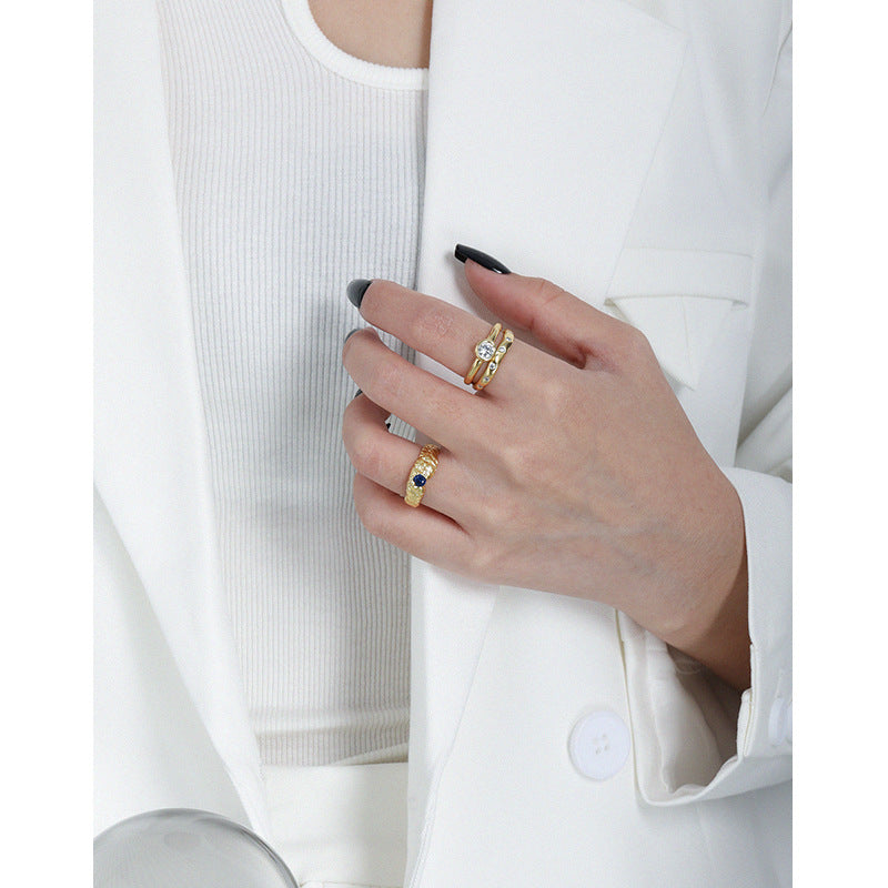 Lovcia Gold Tone 925 Ring With Blue CZ Irregular Band Size7-Rings-Yellow Gold-US 7-Yellow Gold