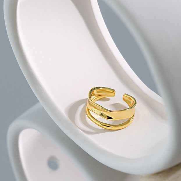Lovcia Gold Tone 925 Silver Adjustable Ring Irregular Lines-Rings-Yellow Gold-Yellow Gold