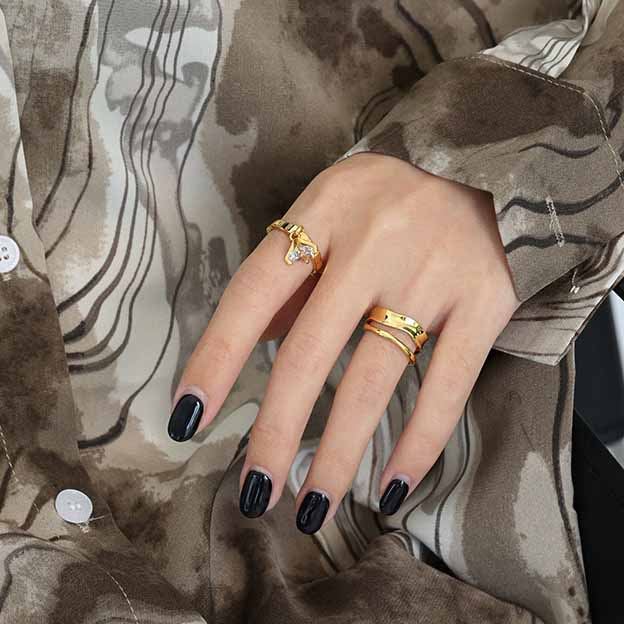 Lovcia Gold Tone 925 Silver Adjustable Ring Irregular Lines-Rings-Yellow Gold-Yellow Gold
