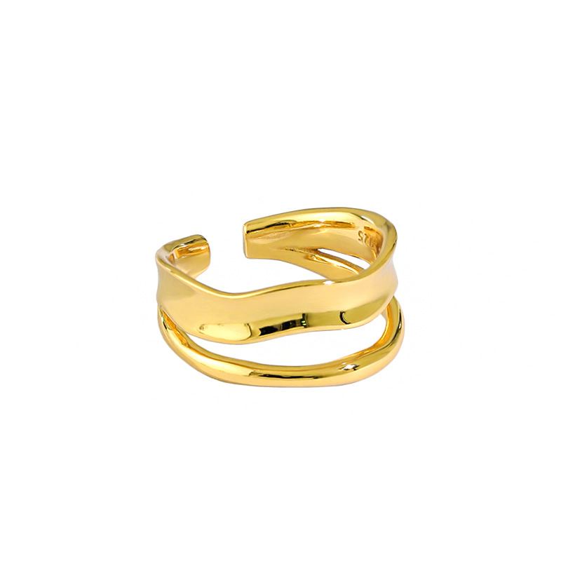 Lovcia Gold Tone 925 Silver Adjustable Ring Irregular Lines-Rings-Yellow Gold-Yellow Gold