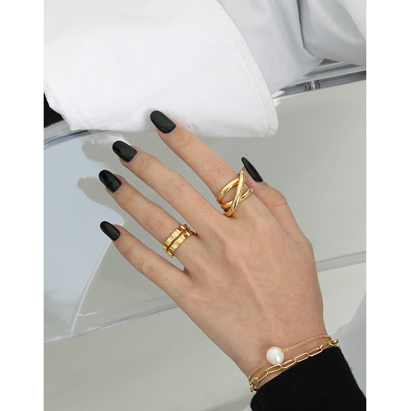 Lovcia Gold Tone 925 Silver Adjustable Ring Triple Cross-Rings-Yellow Gold-Yellow Gold