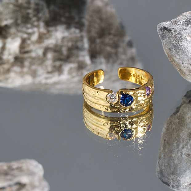 Lovcia Gold Tone 925 Sterling Adjustable Ring CZ Stones-Rings-Yellow Gold-Yellow Gold