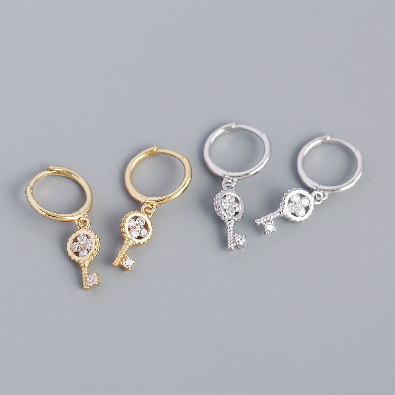 Lovcia Gold Tone 925 Sterling Silver Hoop Earrings Key Charm-Earrings-Yellow Gold-Yellow Gold