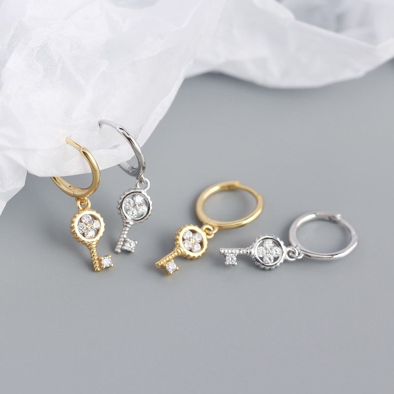Lovcia Gold Tone 925 Sterling Silver Hoop Earrings Key Charm-Earrings-Yellow Gold-Yellow Gold
