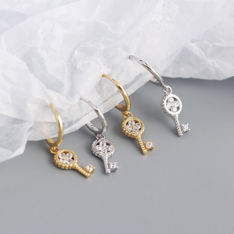 Lovcia Gold Tone 925 Sterling Silver Hoop Earrings Key Charm-Earrings-Yellow Gold-Yellow Gold