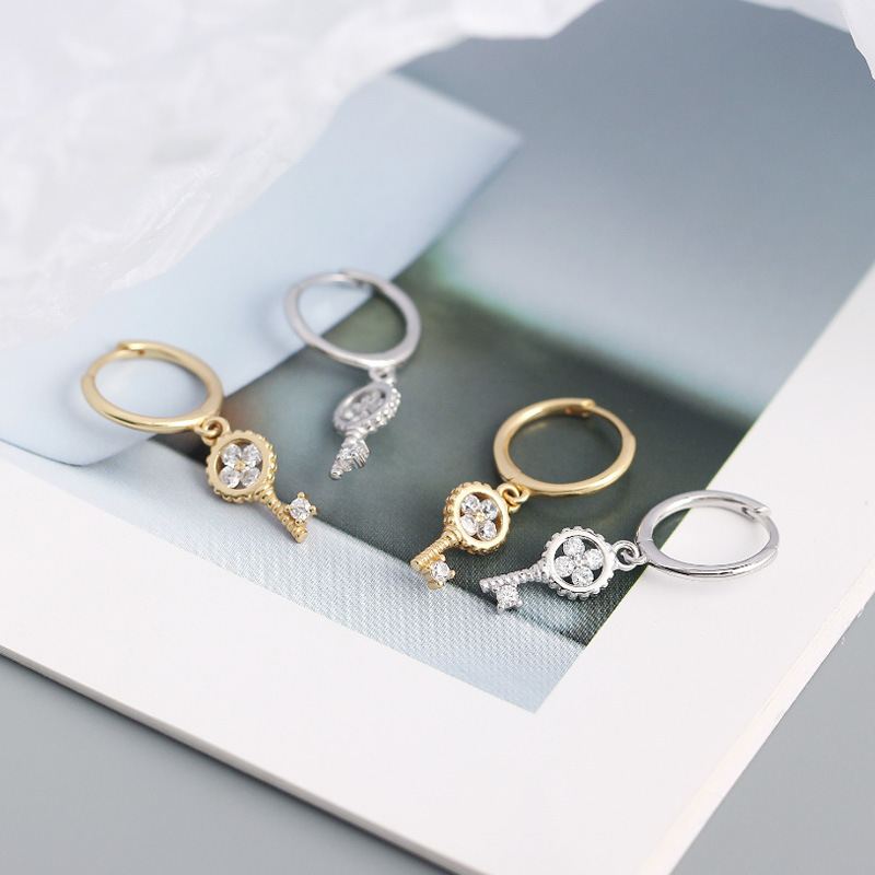 Lovcia Gold Tone 925 Sterling Silver Hoop Earrings Key Charm-Earrings-Yellow Gold-Yellow Gold