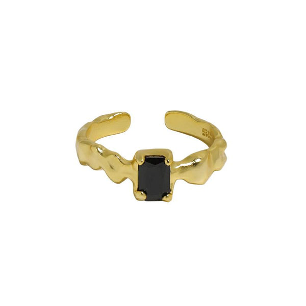 Lovcia Gold Tone Adjustable Open Ring With Black CZ Stone-Rings-Yellow Gold-Yellow Gold