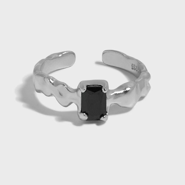 Lovcia Gold Tone Adjustable Open Ring With Black CZ Stone-Rings-Yellow Gold-Yellow Gold