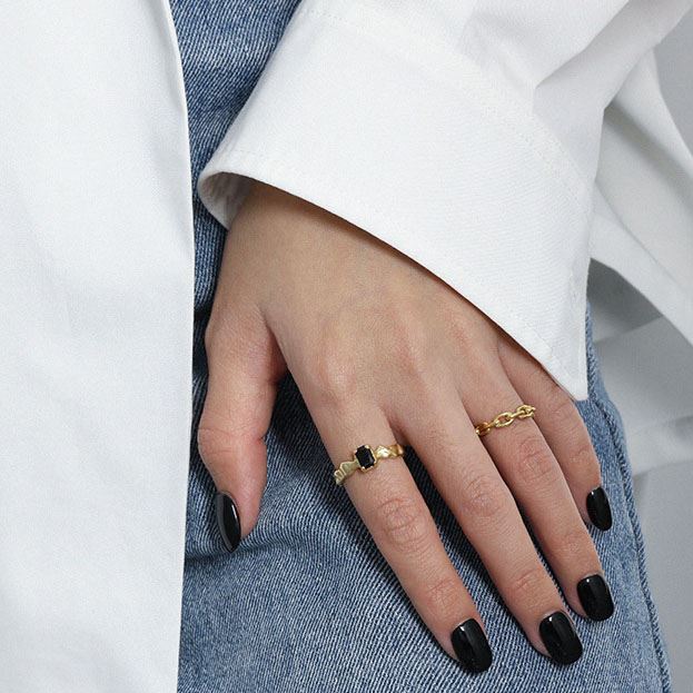 Lovcia Gold Tone Adjustable Open Ring With Black CZ Stone-Rings-Yellow Gold-Yellow Gold