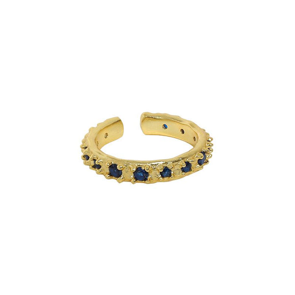 Lovcia Gold Tone Adjustable Ring With Blue CZ Stones-Rings-Yellow Gold-