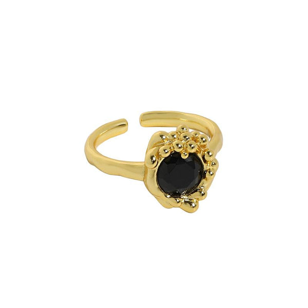 Lovcia Gold Tone Black CZ Bubble Flower Ring Adjustable-Rings-Yellow Gold-Yellow Gold