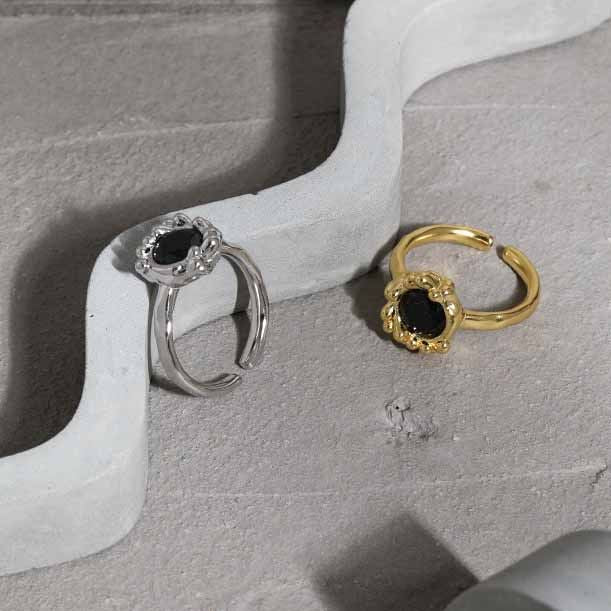 Lovcia Gold Tone Black CZ Bubble Flower Ring Adjustable-Rings-Yellow Gold-Yellow Gold