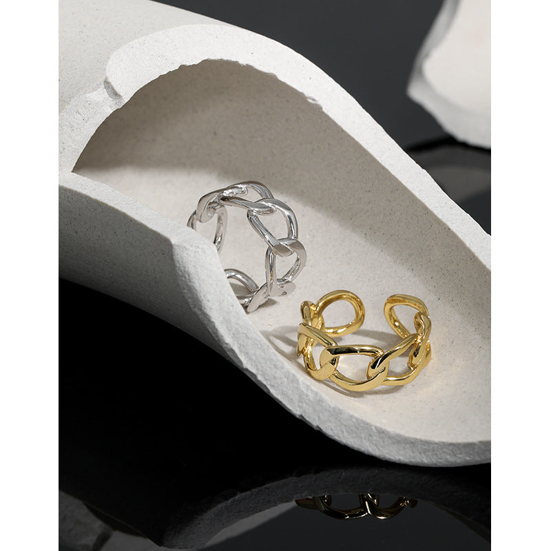 Lovcia Gold Tone Chain Ring 925 Sterling Silver Adjustable-Rings-Yellow Gold-Yellow Gold
