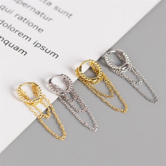 Lovcia Gold Tone Circle Chain Tassel Leverback Earrings 925-Earrings-Silver-Silver