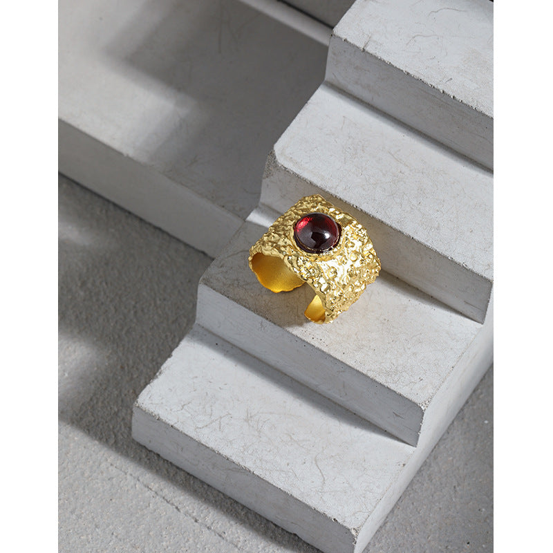 Lovcia Gold Tone Created Ruby Adjustable Ring 925 Silver-Rings-Yellow Gold-Yellow Gold