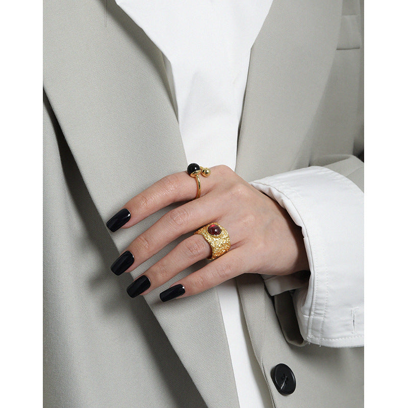 Lovcia Gold Tone Created Ruby Adjustable Ring 925 Silver-Rings-Yellow Gold-Yellow Gold