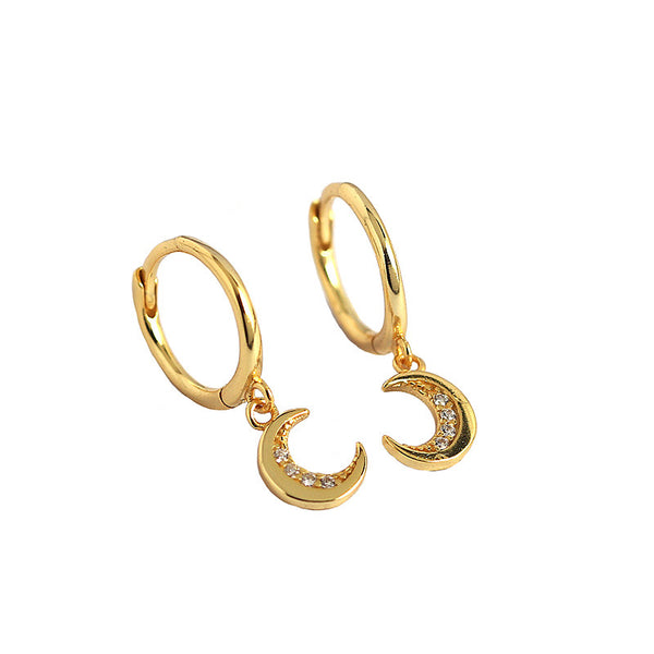 Lovcia Gold Tone Crescent Moon CZ Hoop Earrings 20.7mm-Earrings-Yellow Gold-Yellow Gold