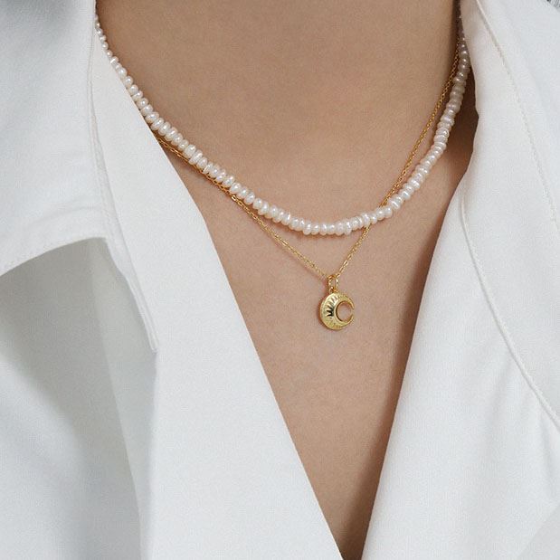 Lovcia Gold Tone Crescent Moon Stars Necklace 18K Plated-Necklaces-Yellow Gold-Yellow Gold