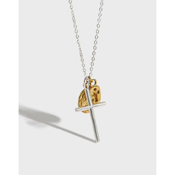 Lovcia Gold Tone Cross Pendant Necklace 400mm Adjustable-Necklaces-Silver + Yellow Gold-Silver + Yellow Gold