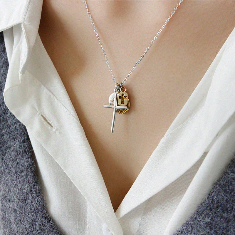 Lovcia Gold Tone Cross Pendant Necklace 400mm Adjustable-Necklaces-Silver + Yellow Gold-Silver + Yellow Gold