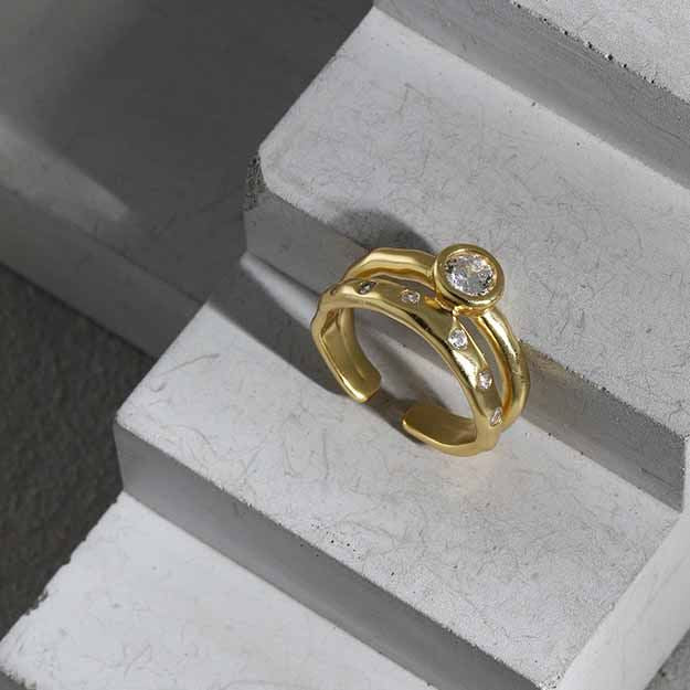 Lovcia Gold Tone CZ Double Layer Adjustable Ring 925 Silver-Rings-Yellow Gold-Yellow Gold