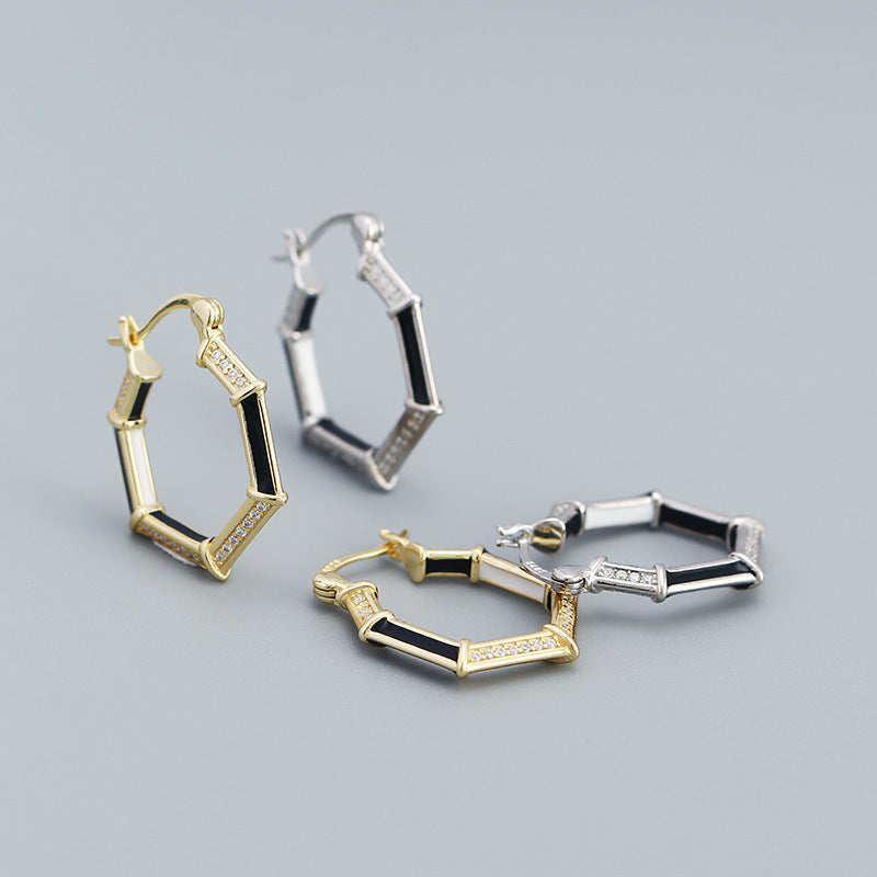 Lovcia Gold Tone CZ Hexagon Hoop Earrings 22.9mm Solid 925-Earrings-Yellow Gold-Yellow Gold