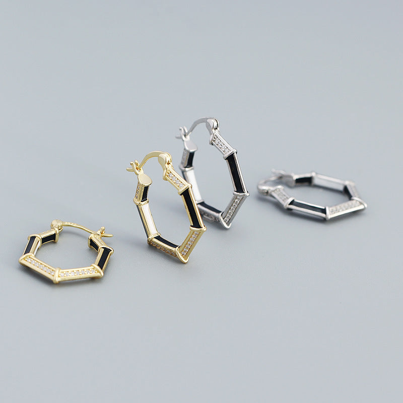 Lovcia Gold Tone CZ Hexagon Hoop Earrings 22.9mm Solid 925-Earrings-Yellow Gold-Yellow Gold