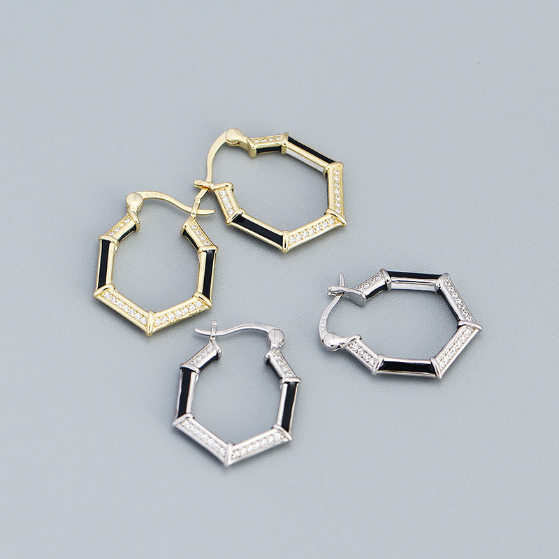 Lovcia Gold Tone CZ Hexagon Hoop Earrings 22.9mm Solid 925-Earrings-Yellow Gold-Yellow Gold