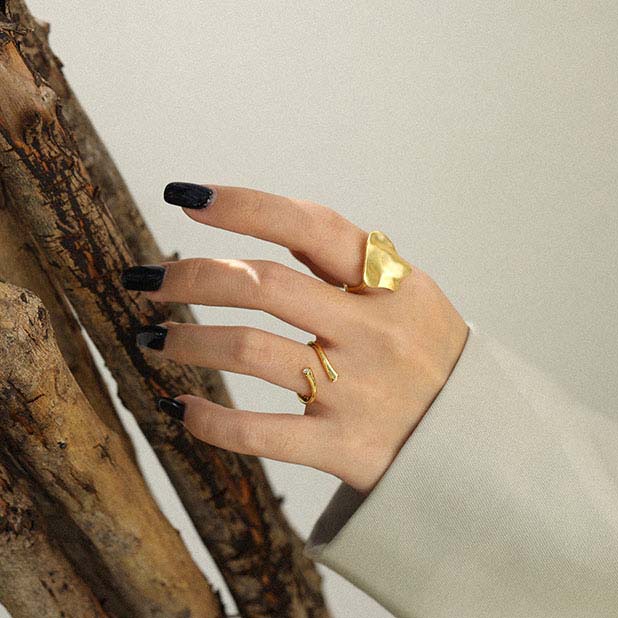 Lovcia Gold Tone CZ Irregular Cross Adjustable Ring-Rings-Yellow Gold-Yellow Gold
