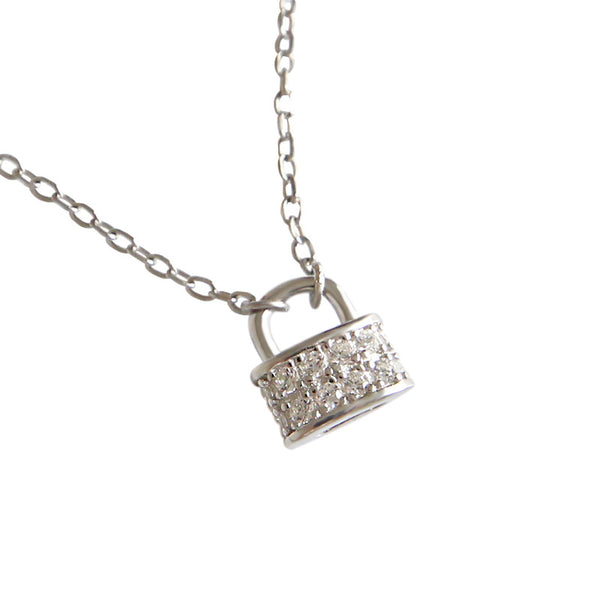 Lovcia Gold Tone CZ Padlock Necklace 390mm Chain 925 Silver-Necklaces-Rhodium-Rhodium
