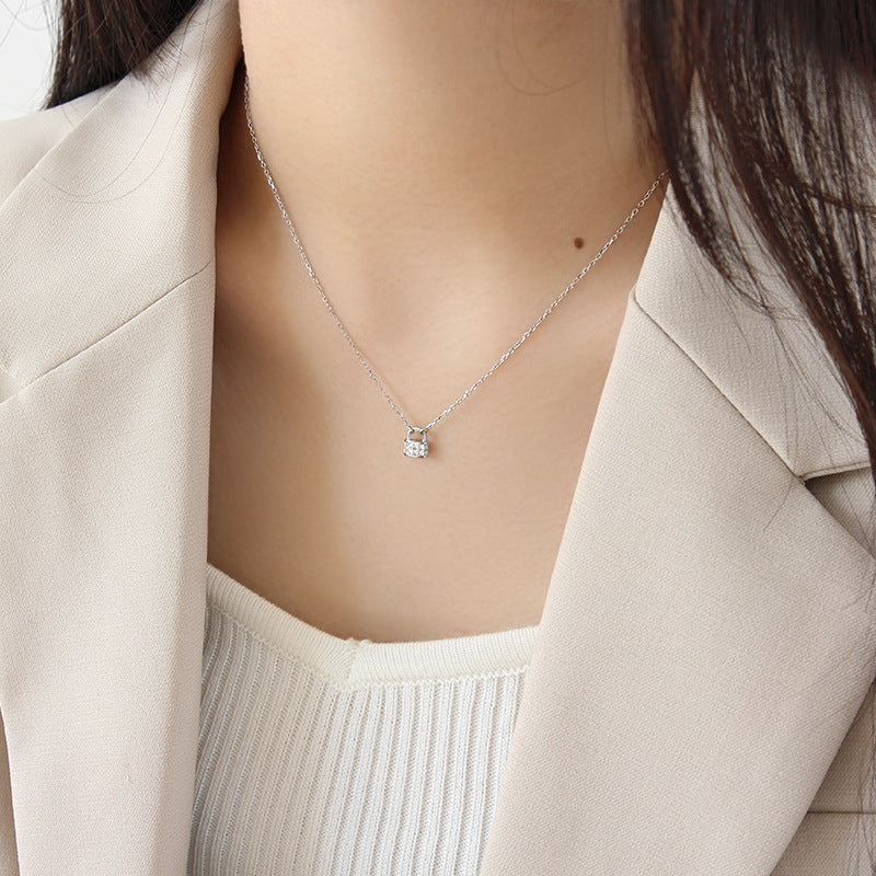 Lovcia Gold Tone CZ Padlock Necklace 390mm Chain 925 Silver-Necklaces-Rhodium-Rhodium