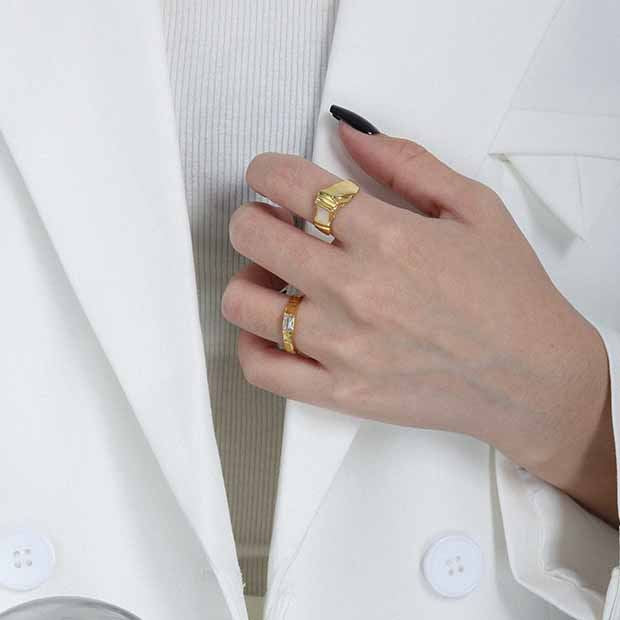 Lovcia Gold Tone CZ Rectangle Adjustable Ring 925 Silver-Rings-Yellow Gold-Yellow Gold