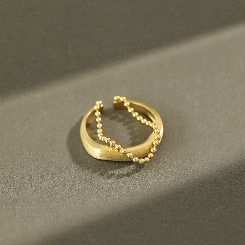 Lovcia Gold Tone Double Layer Bead Chain Ring Adjustable-Rings-Yellow Gold-Yellow Gold