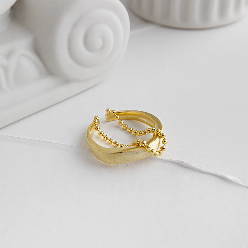 Lovcia Gold Tone Double Layer Bead Chain Ring Adjustable-Rings-Yellow Gold-Yellow Gold