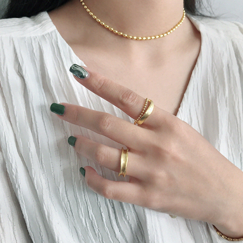 Lovcia Gold Tone Double Layer Bead Chain Ring Adjustable-Rings-Yellow Gold-Yellow Gold