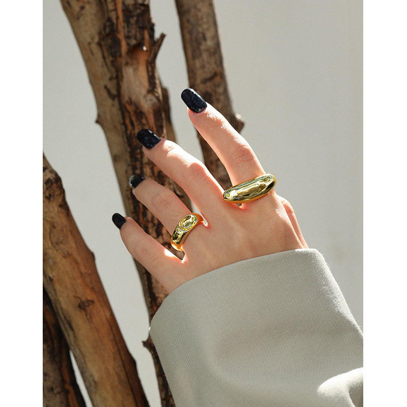 Lovcia Gold Tone Geometry Concave Ring Top Size 7.6mm-Rings-Yellow Gold-US 7-Yellow Gold