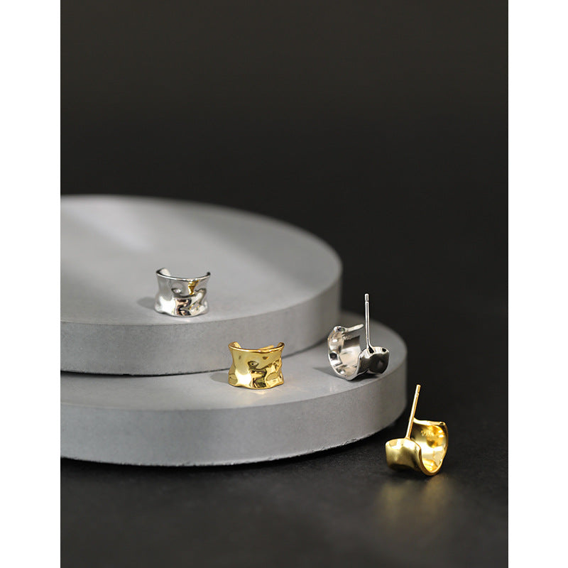 Lovcia Gold Tone Geometry Irregular C Shape Stud Earrings-Earrings-Yellow Gold-Yellow Gold