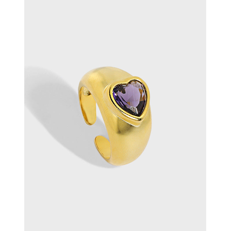 Lovcia Gold Tone Heart Purple CZ Adjustable Ring Stone-Rings-Yellow Gold-Yellow Gold