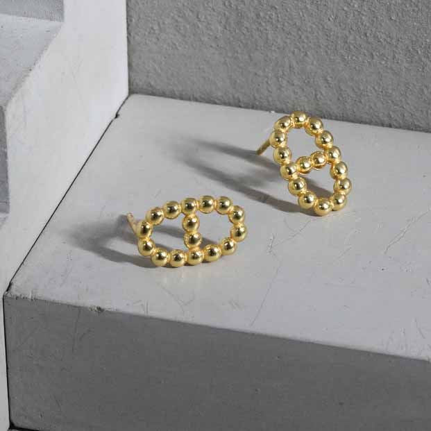Lovcia Gold Tone Hollow Bead Pig Nose Stud Earrings-Earrings-Yellow Gold-Yellow Gold