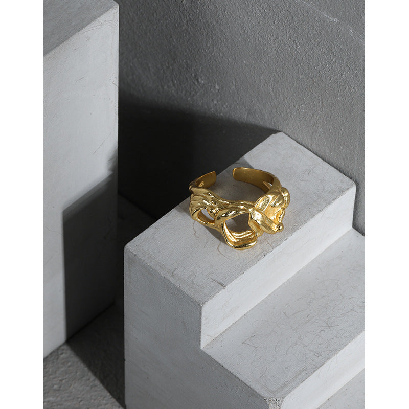 Lovcia Gold Tone Hollow Knots Ring Adjustable 925 Silver-Rings-Yellow Gold-Yellow Gold