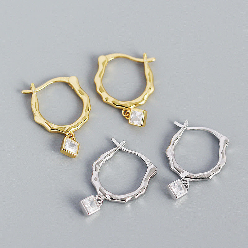 Lovcia Gold Tone Irregular CZ Square Hoop Earrings 20.8mm-Earrings-Yellow Gold-Yellow Gold