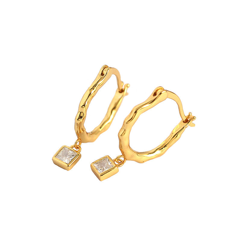 Lovcia Gold Tone Irregular CZ Square Hoop Earrings 20.8mm-Earrings-Yellow Gold-Yellow Gold